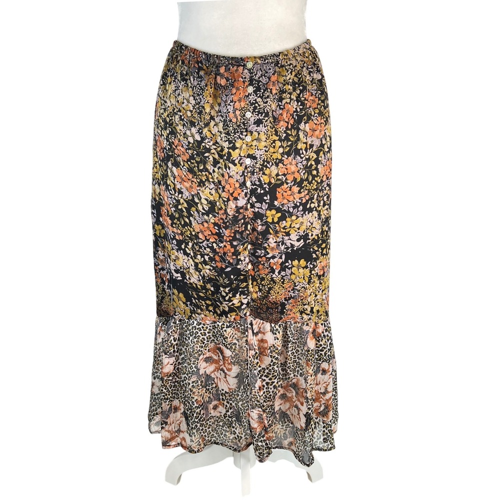 Fig and Flower Mixed Floral Leopard Print Flowy Chiffon Midi Skirt Size XL Black